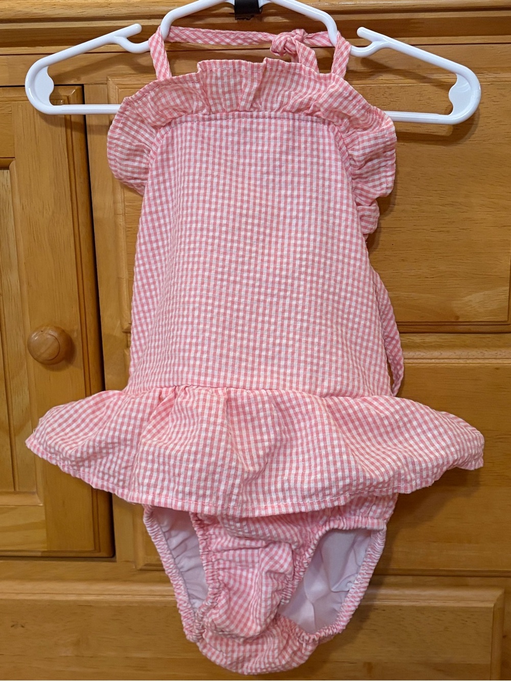 Toddler Girl's Pink Gingham Halter-Style Seersucker One-Piece Swimsuit Size 2T